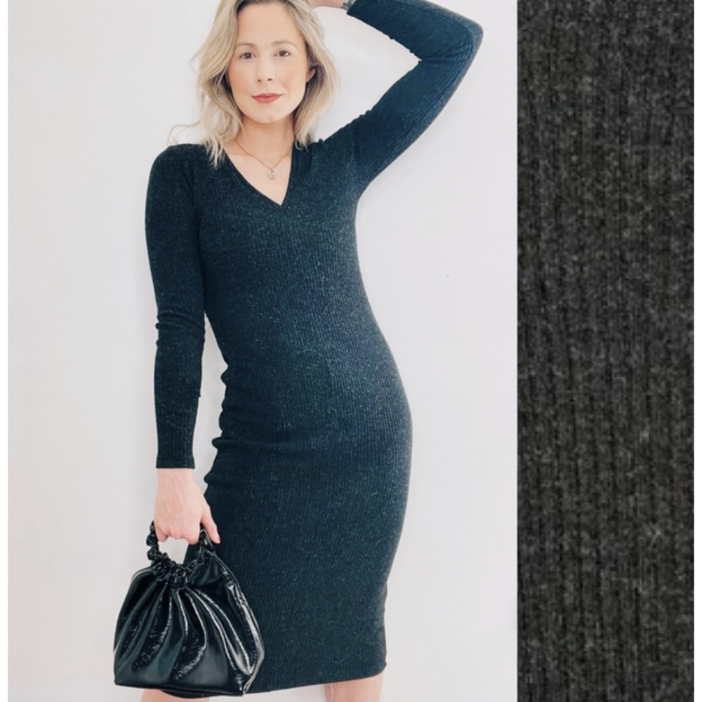 Zara Ribbed Knit V-Neck Long Sleeve Sweater Midi Dress Gray Women's Size Medium